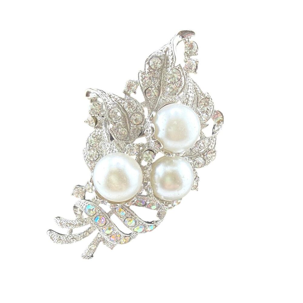 Vintage Silver Tone Faux Pearl Rhinestone Floral  Brooch
